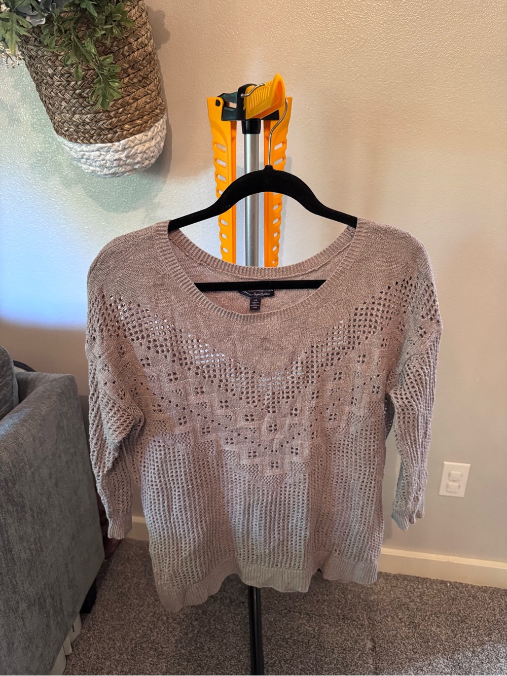 American Eagle Outfitters Taupe Openwork Scoop-Neck Sweater size L